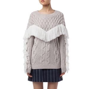 Amur Women’s Ulla Wool Pullover Sweater Cream Gray Fringe Long Sleeve Size S